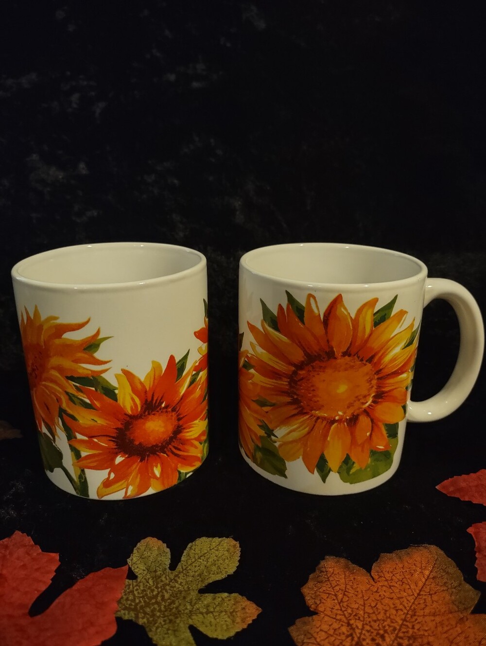 Royal Norfolk White Mugs with Orange & Yellow Sunflower Design - Set of 2 Autumn